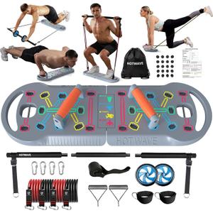 HOTWAVE Portable Exercise Equipment with 16 Gym Accessories,20 in 1 Push Up Board Fitness,Resistance Bands with Ab Roller Wheel,at Home Workout for Men (orange plus)