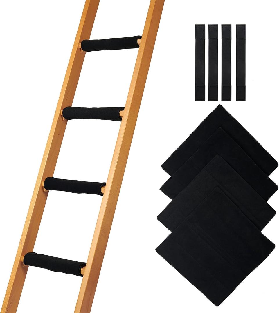 Bunk Bed Ladder Pads - Soft Brushed Fabric for Foot Comfort with Anti Slip Dots on Bottom - Strong Hook and Loop and Adjustable Straps for a Tight Wrap - 10x10 Inch (Set of 4) (Black)
