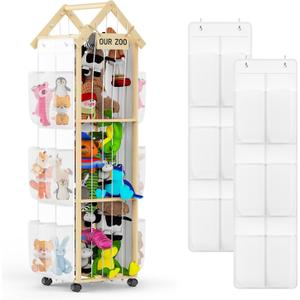 Stuffed Animals Storage Zoo, 2in1 Wooden Stuffed Animal Cage with Storage Bags, Large Soft Toy Organizer with Wheel, Stuffed Animal Tower Holder for Playroom Bedroom Nursery Room Kid Room