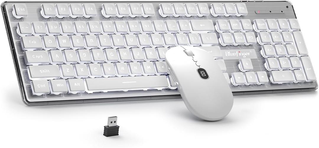 BlueFinger Wireless Keyboard and Mouse with Power Display, Blacklit Rechargeable Full Sized Silent Light Up Gaming Keyboard Mouse Combo for Computer, Mac, Laptop, PC (White)