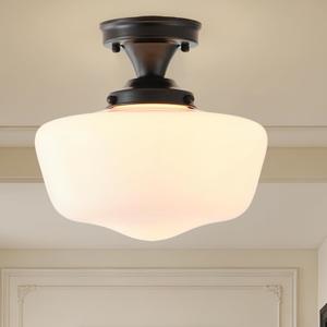 12'' Schoolhouse Ceiling Light Fixture, Black Semi Flush Mount Ceiling Light, Vintage Wide Opal Milk Glass Shade for Bedroom Kitchen Hallway Entryway