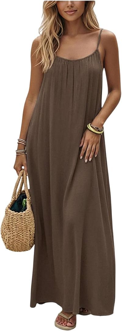 SHENHE Women's Open Back Spaghetti Strap Beach Maxi Dress Loose Flowy Vacation Sundress (Medium, Coffee Brown)