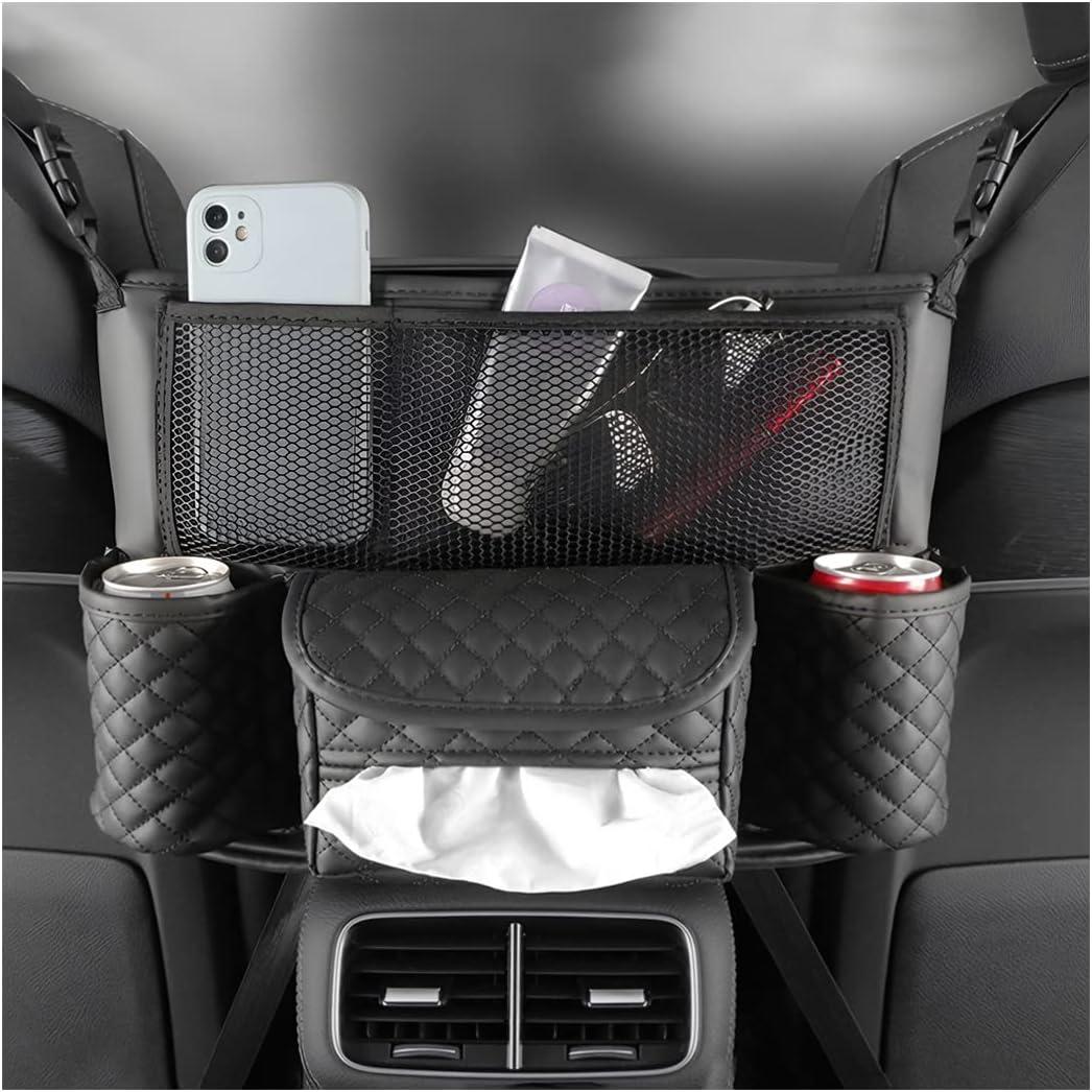 Car Handbag Holder Between Seats, PU Leather Multi-Pocket Large Capacity Purse Holder, Auto Net Bag Barrier of Backseat Pet Kids, Car Seat Organizers and Storage for Cargo Tissue Cup（Black）