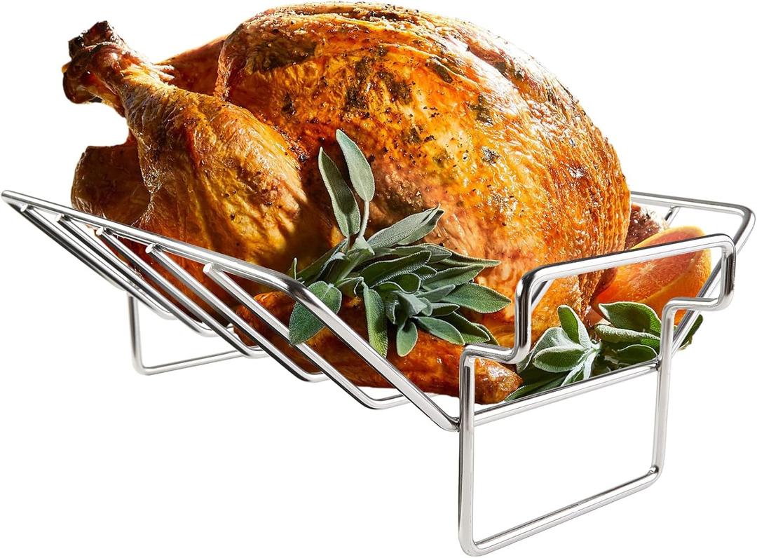 Rib and Roast Rack for Big Green Egg, Turkey Roasting Rack for Grilling  - Stainless Steel Pan for Cooking Rib, Chicken, Bird. L/XL BGE Accessories, Also for Other 18" or Larger Grills