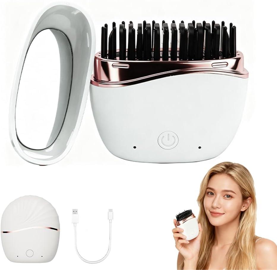 Cordless Mini Hair Straightener Brush - Rechargeable Battery-Powered, Portable with 2 Temperature Settings & Built-in Mirror for Travel, RV, Outdoor