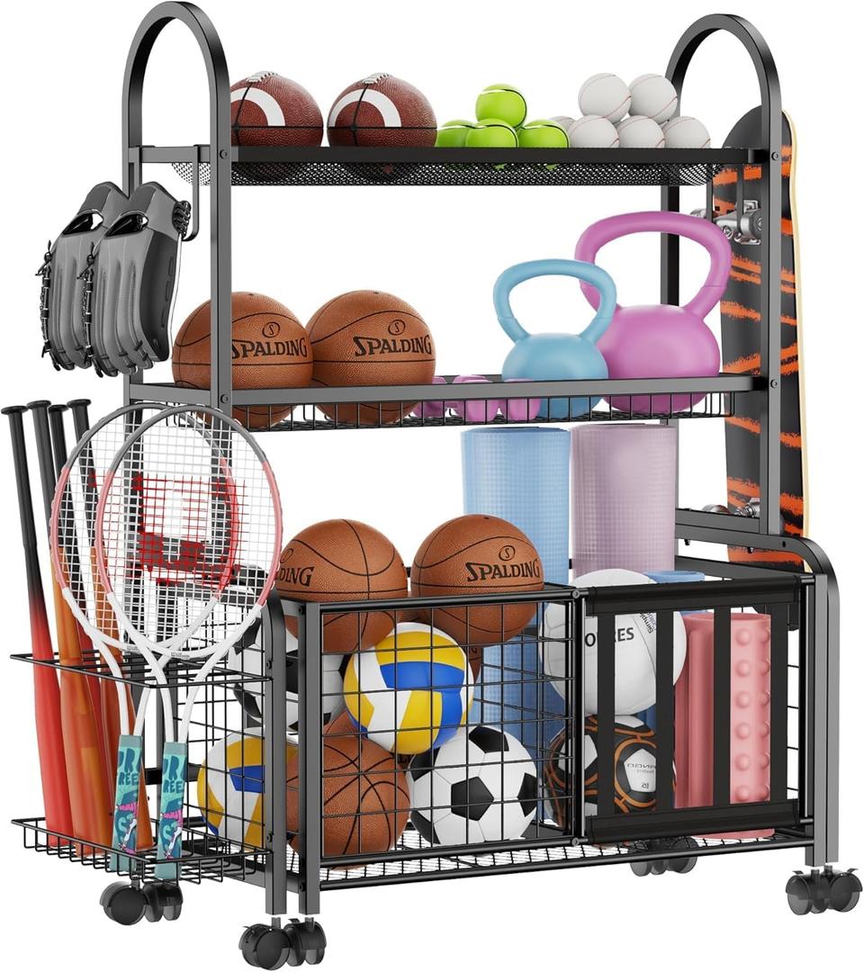 Garage Ball Storage, 2 in 1 Garage Sports Equipment Organizer, Ball Storage Rack, Garage Organizer with Basket and Hooks, Individually Movable Rolling Sports Ball Organizer Cart, Black