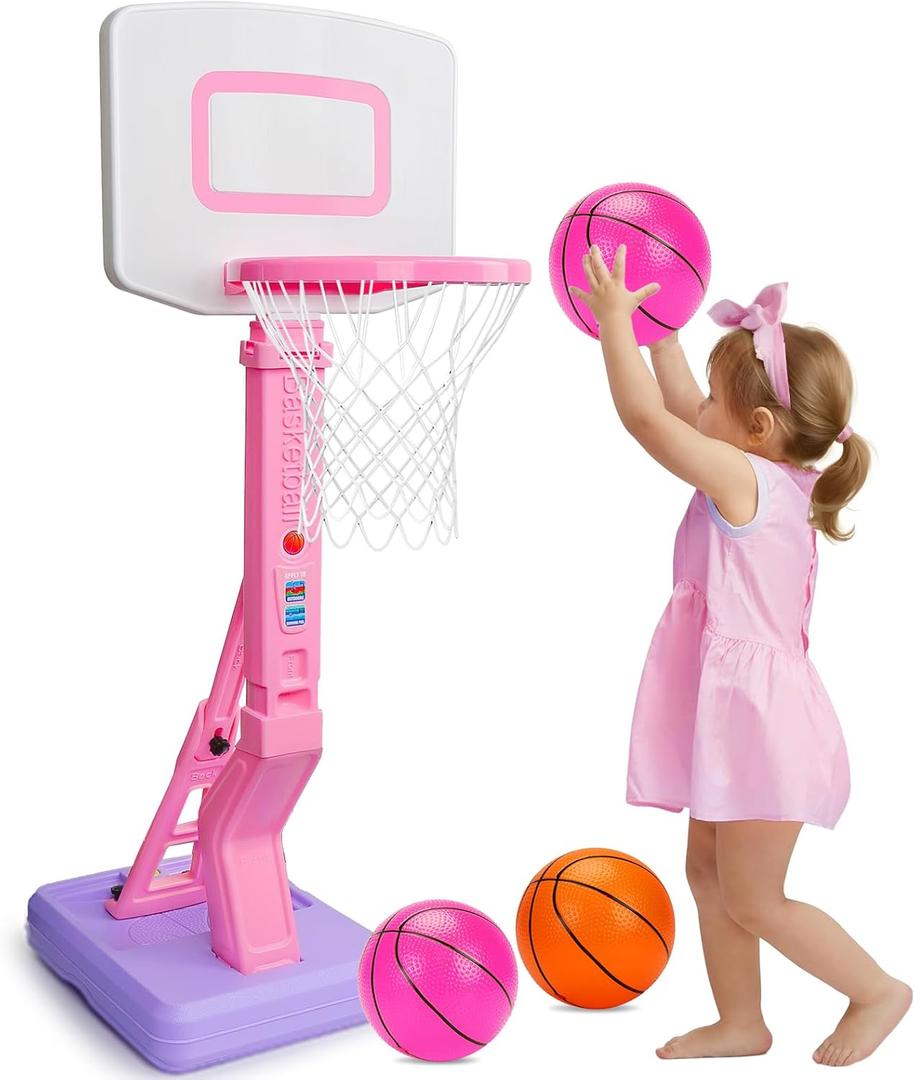Toddler Pink Basketball Hoop Indoor Outdoor Backyard Poolside Basketball Hoop for Kids 1-3 4-8 Height Adjustable Girls Basketball Goal with Balls Toys for 1 2 3 4 Year Old Girl Birthday (Pink)