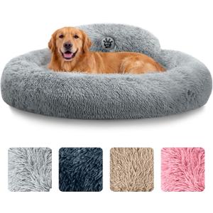 PetJett Calming Dog Beds Large Sized Dog - 36'' Round Bed, Anti-Slip & Washable Super Soft Donut Bed, Fluffy Faux Fur Anti-Anxiety Premium Comfort Pet Bed, Fits Dogs up to 80 lbs - Bright Grey