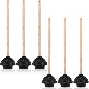 Dandat 6 Pcs Rubber Toilet Plunger with Double Thrust Force Suction Cup Long Wooden Handle Toilet Bowl Plunger Heavy Duty Pump Clogged Solution for Bathroom Stores Restaurants (Black)