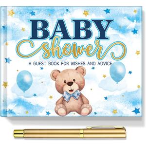 Fuyoooo 27 Pcs Blue Color Bear Baby Shower Guest Book Set Baby Shower Sign in Guest Floral Book Place Table Cards with Gold Pen Adhesive Photo Corner for Birthday Party