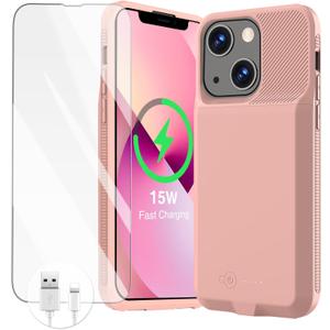 GIN FOXI 15W Fast Charging Battery Case for iPhone 13/13 Pro/14/14 Pro, Ultra-Slim Lightweight Powerful 7000mAh Charger Case Protection Anti-Slip Soft TPU Charging Case for iPhone 13/13Pro/14/14Pro (Pink)