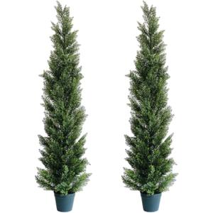 5 Feet Outdoor Artificial Topiary Cedar Tree, Set of 2 UV Resistant Potted Faux Cedar Trees for Outdoors and Indoors, Decorative Fake Shrubs Topiary Trees for Home Living Room Front Door Decor (Green)