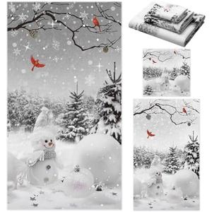 Preboun 3 Pack Christmas Snowman Bathroom Towels Set Grey Winter Forest Hand Towels Snowflakes Bath Towels Cardinal Dish Towels Christmas Washcloth for Bathroom Kitchen Hotel Beach Gym Spa