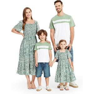 PATPAT Family Matching Outfits Boho Floral Print Square Neck Puff Sleeve Smocked Dress and Short Sleeve T-Shirts Matching Set (Small, Sage Green)