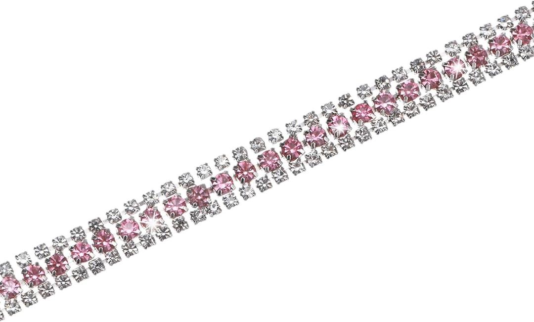 M METERXITY Crystal Rhinestone Close Chain Trim, 3 Rows 3 Yards Dress Embellishments, Sparkly Diamond Strips Applique Embellishment for Craft/Sewing Clothes/Wedding [Silver-Based Light Pink]