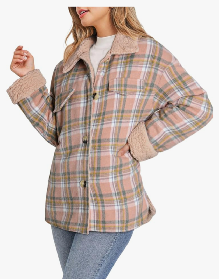 Dokotoo Winter Coats for Women Button Down Plaid Flannel Shirts Warm Sherpa Fleece Jacket (2X-Large)