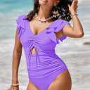 Sovoyontee Women's Ruffle One Piece Swimsuit Tummy Control Bathing Suits Drawstring Cutout V Neck Swimwear (Purple, S)