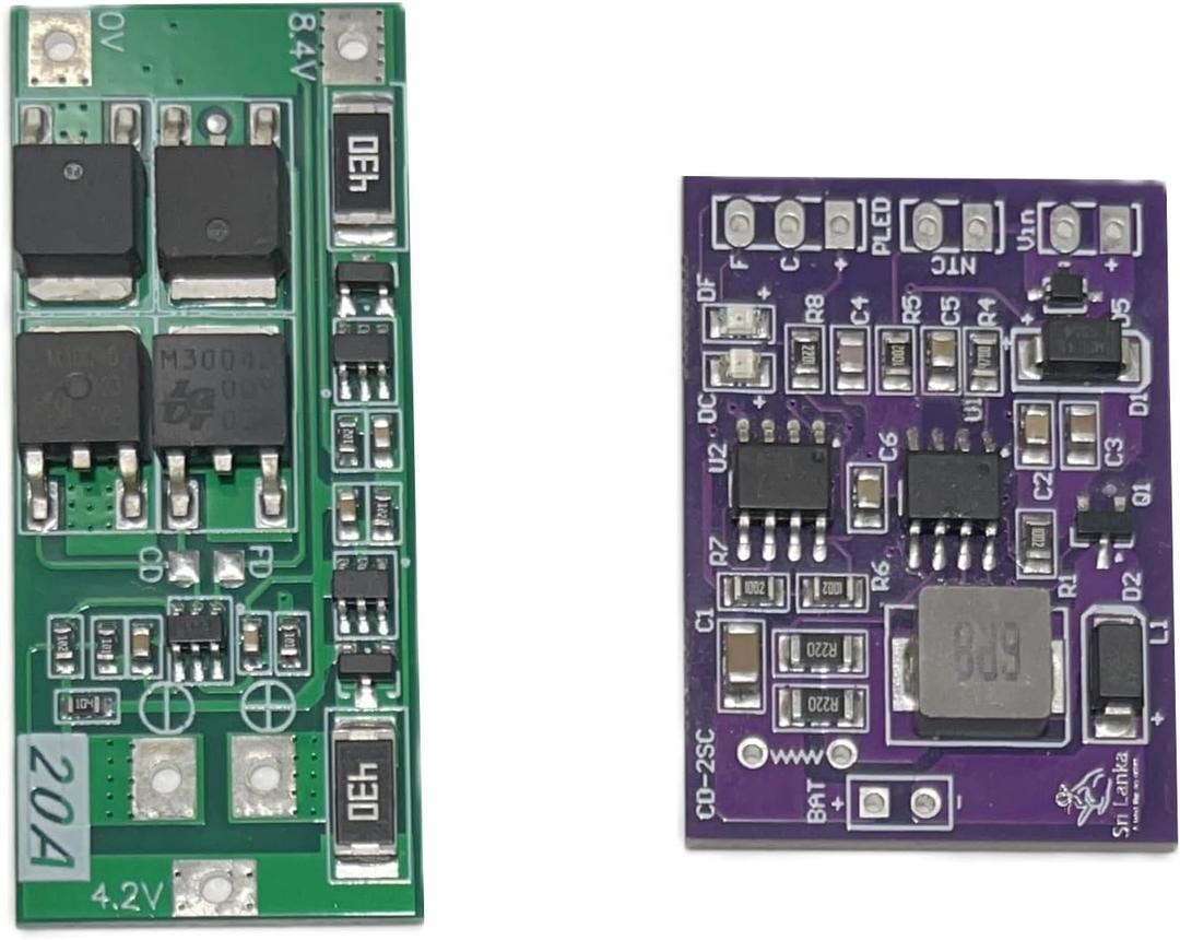 10-15V Input to 7.4V 2S Li-ion Battery Charger Module and 20A BMS Combo Pack for Multi Stage Safe Battery Charging with Battery Protection