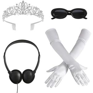 4 Pcs Princess Costume Accessories Set Women Tiara Crown Sunglasses Long Gloves Fake Headphone Dress Up Party