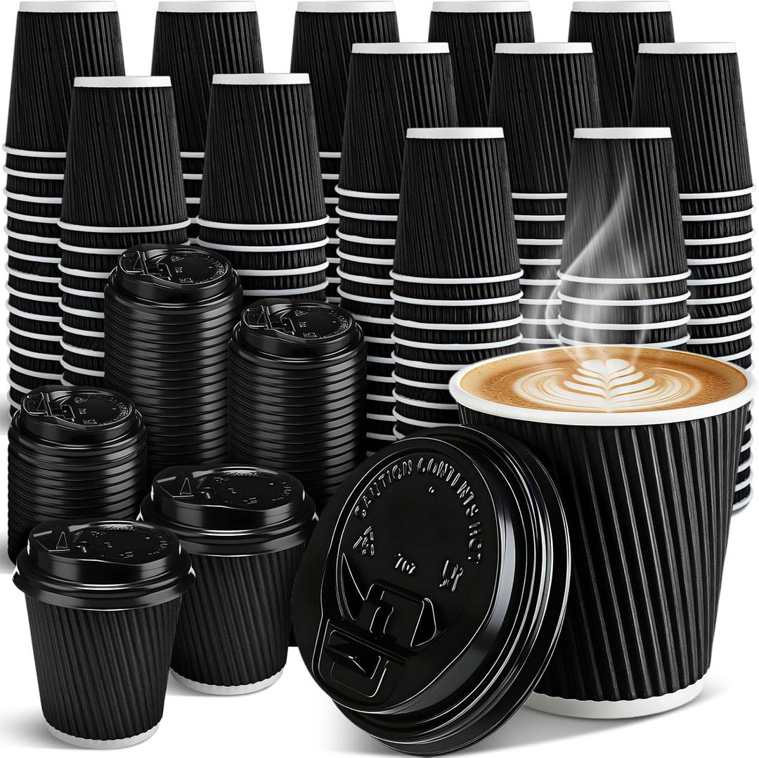 Ceenna 100 Set 7 oz Disposable Coffee Cups with Lids to Go Coffee Cup Insulated Hot Ripple Cup Paper Espresso Cups Bulk for Hot Chocolate Tea Cocoa Drinks Party