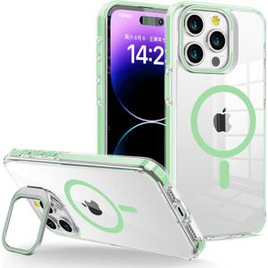 for iPhone 13 Pro Max Case Clear with Kickstand and Screen Protector - Wireless Charging Compatible, 21ft Military-Grade Drop Tested,Shockproof Slim Fit Magnetic Crystal Cover - Green