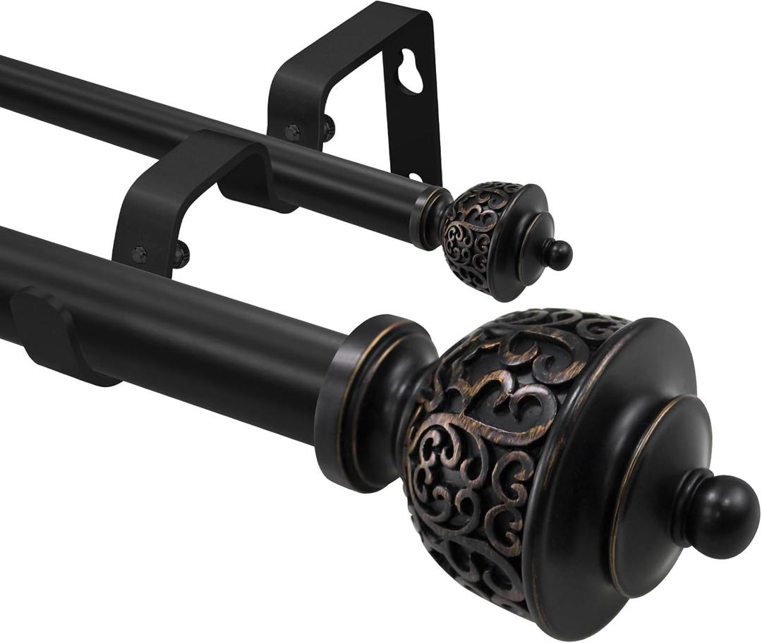 1 Inch Black Double Curtain Rod with Vintage-style Finials-Tension Curtain Rods 28-48 Inchs for Bedroom&Home Decor