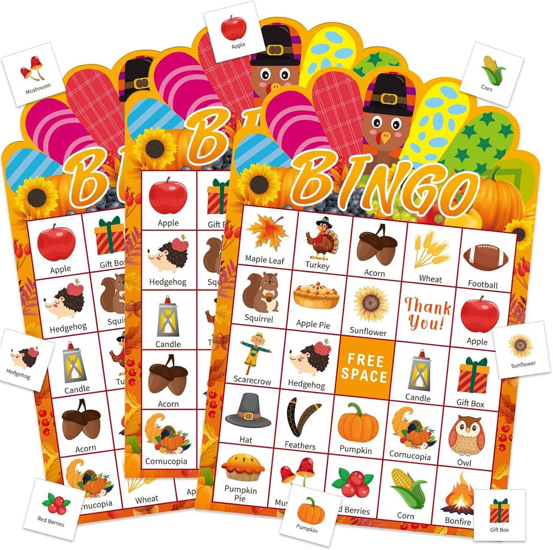 JUESMOS Thanksgiving Bingo Game for Kids Adults Fall Thanksgiving Games Bingo Cards 24 Players Turkey Bingos Games Cards Thanksgivings Game Supplies for School Classroom Family Activities Party Favors