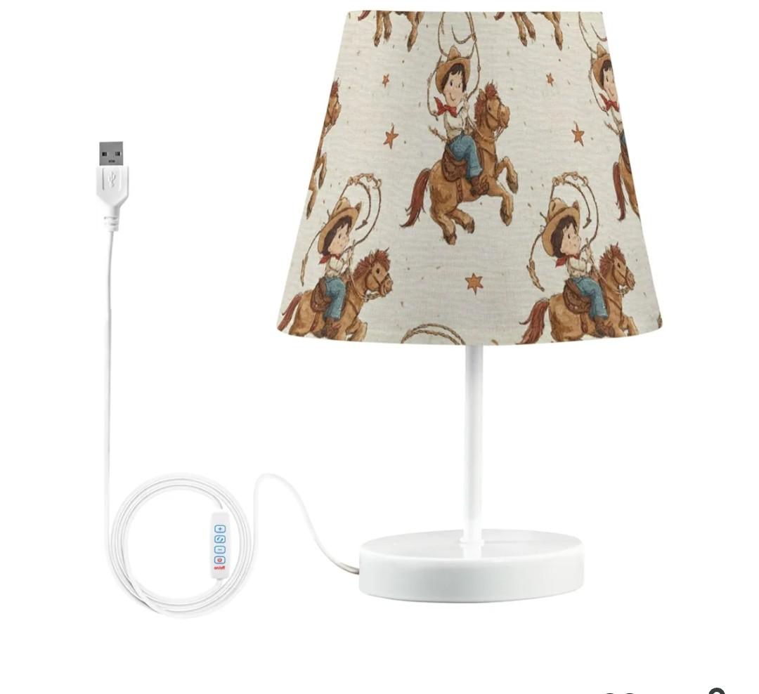 3-Color Dimmable LED Bedside Table Lamp,Cowboy Riding on Horseback Linen Nightstand Light by USB Port,12" High Desk Decor for Living Room Nursery Bedroom Office Cafe