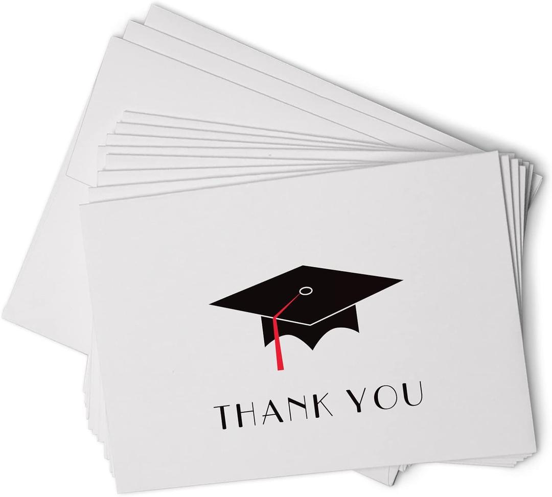 Graduation Cap with Colored Tassel Thank You Cards - 24 Cards & Envelopes (Red)