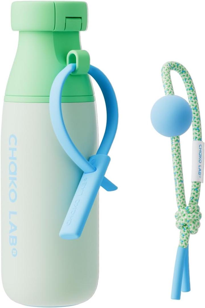 CHAKO LAB Insulated Stainless Steel Water Bottle with Two Strap | BPA-Free Leak Proof | 17oz Bottle with Spout Lid & Straw | Mint Milk