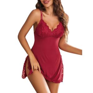 Avidlove Women's Lingerie Sexy Nightgowns Spaghetti Strap Chemise Babydoll Side Slit Women Sleepwear (1 Wine Red) S