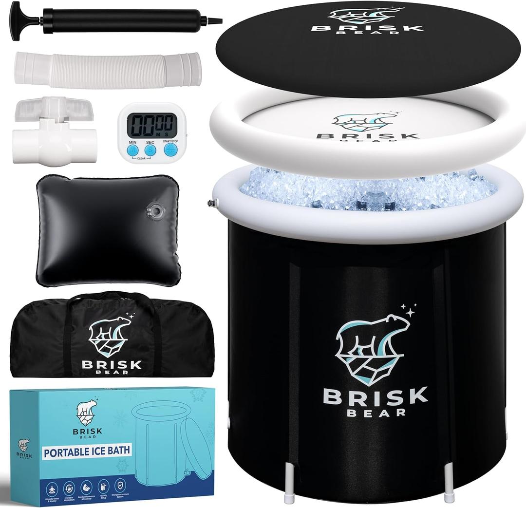 Ice Bath Tub for Athletes with Cover by Brisk Bear - Extra Large Cold Plunge Tub for Recovery - Inflatable Ice Bath Barrel Plunge Pool - Cold Plunge to Soothe Muscles - Black Ice Tub