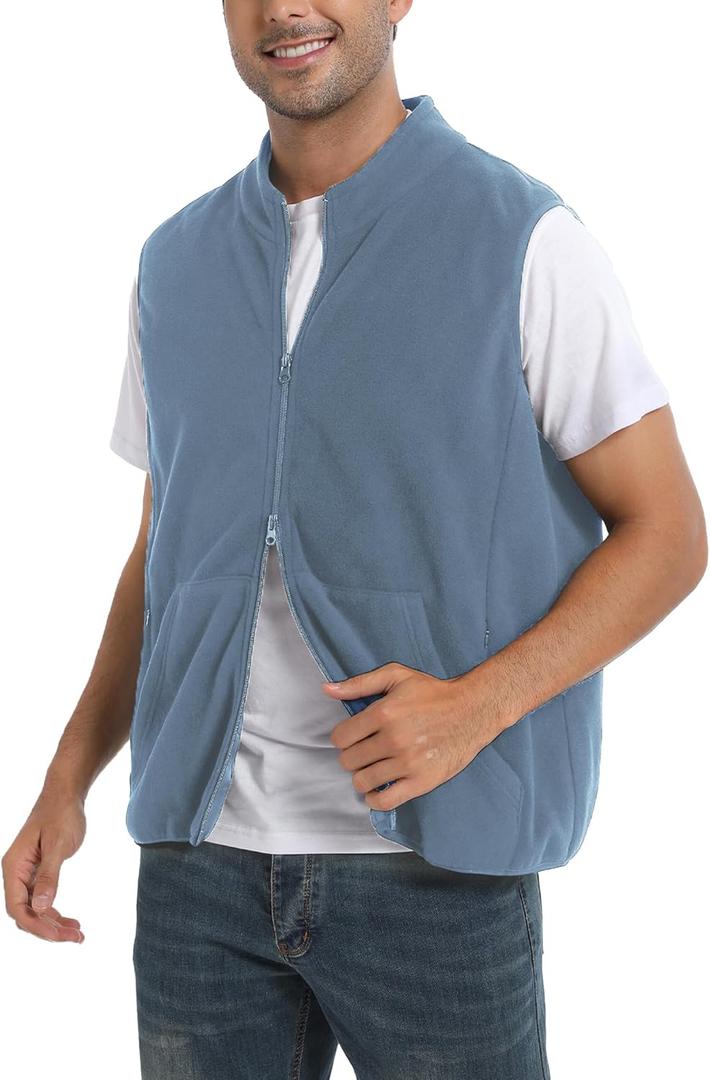 Argstar Men's Fleece Vest with Zipper Pockets, Full-Zip Casual Lightweight Sleeveless Outerwear Gilet Greylish Blue M