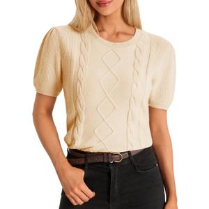 Cicy Bell Womens Puff Short Sleeve Sweater Tops Cable Knit Crew Neck 2026 Spring Shirts Lightweight Dressy Casual Sweaters (Beige, S)