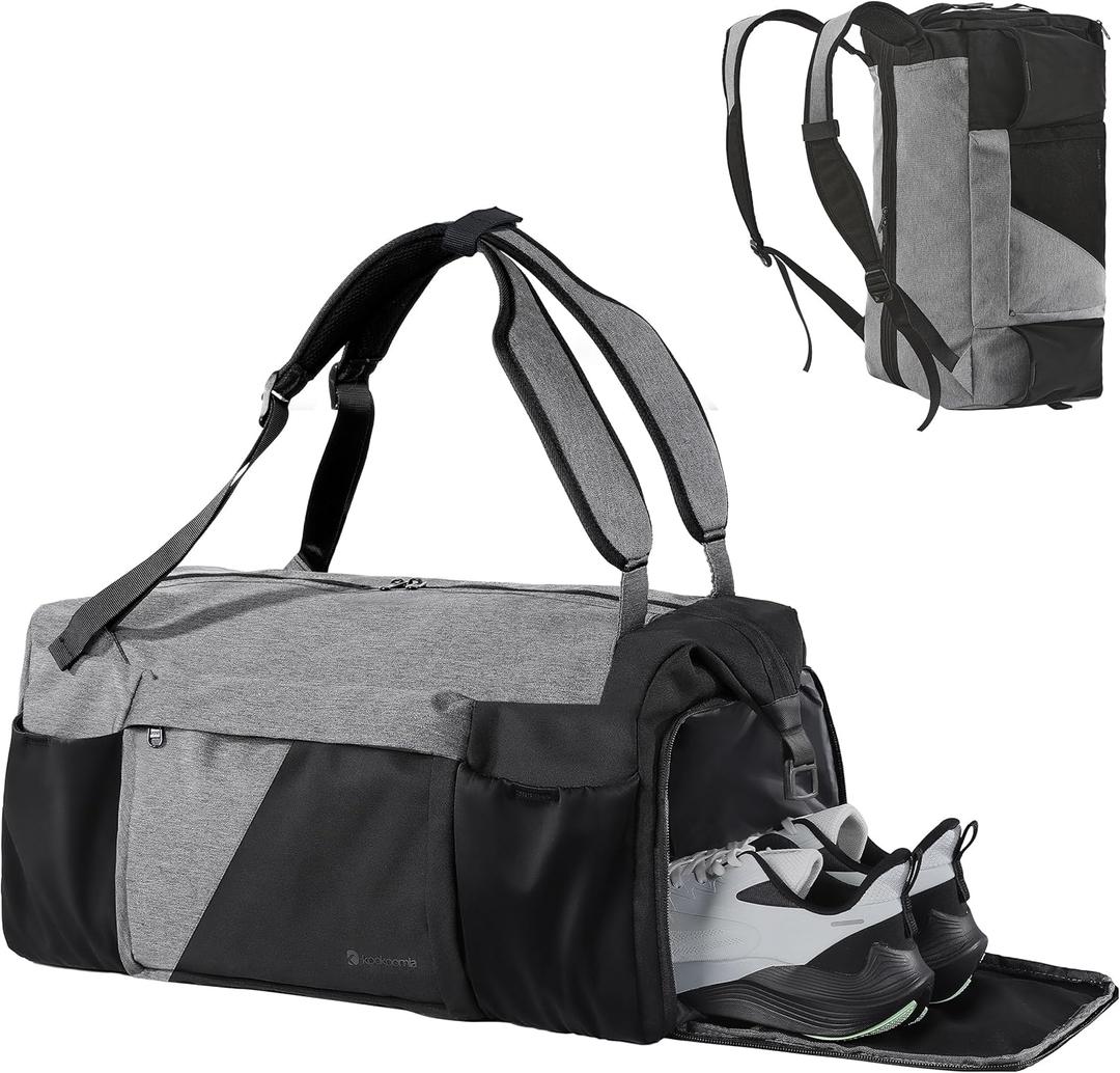 Gym Bag for Men with Shoes Compartment and Wet Pocket Convertible Duffle Bag and Gym Backpack Waterproof Sports Bag with 2 Bottle Holders Weekender Overnight Bag - Black&Grey (Large)