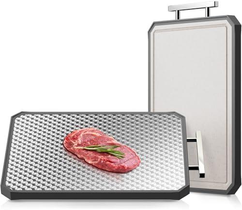 LOZOVIN Stainless Steel Cutting Board Anti-scratch Grid Design, Large 16"*11" Double Sided Non Toxic Cutting Board, Kitchen Metal Chopping Boards for Meat Veggies,Dishwasher Safe, Juice Groove 