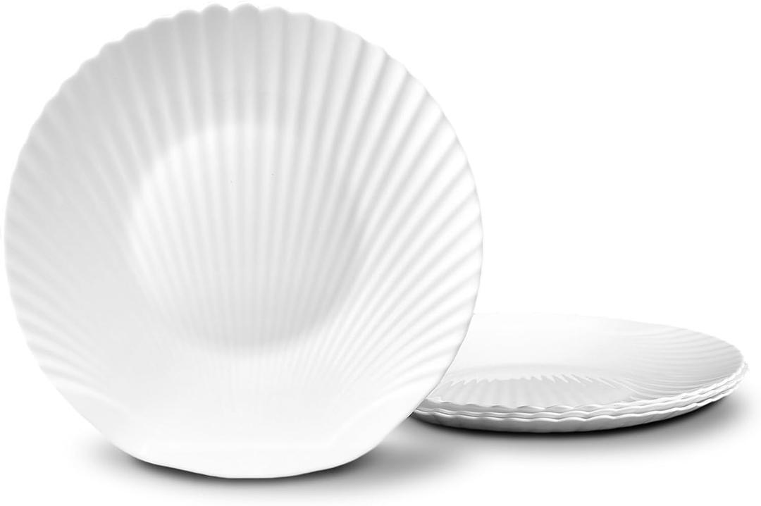 12 inch Large Dinner Plate Set of 4, Lightweight Seashell Shaped Opal Glass Serving Platters White for Charcuterie, Dessert, Fruit Appetizer, Dishwasher and Microwave Safe