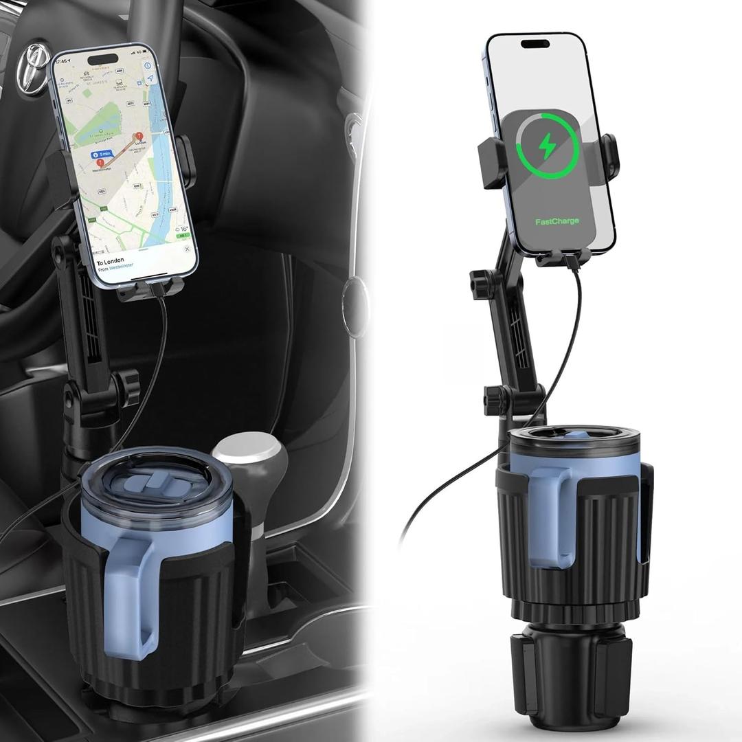 Wireless Car Charger Phone Mount Cup Holder, 3 in 1 15W Fast Charging Auto Clamping Cup Holder Expander for Car, Phone Holders for Your Car CupHolder Wireless Charger Compatible for All Smartphones