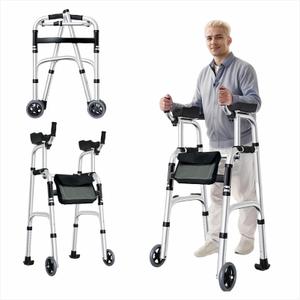 Folding Walker with Armrest Pad - Upright Walker for Seniors, Standing Mobility Aid for Indoor & Outdoor, 300lb Weight Capacity, Height Adjustable (Silvery)
