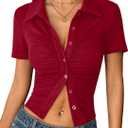 Remidoo Womens Button Up Short Sleeve Crop Top Ruched Fitted Collared Shirt Going Out Tops (Red, L)