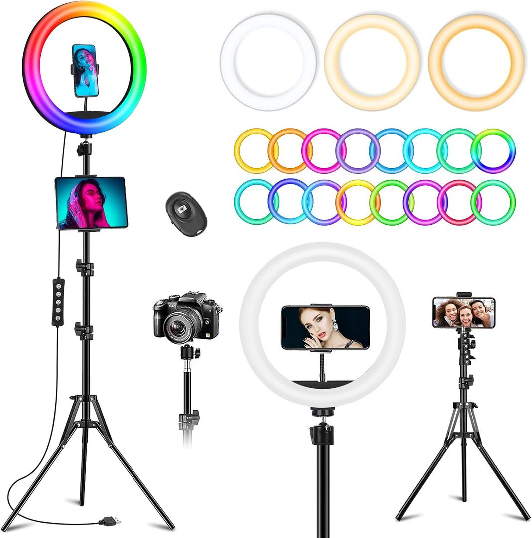 12.3" Ring Light with Stand & Phone Holder Tall 75", 51 Color Modes Circle Lights Selfie Ringlight with Tablet Holder, 12 Dimming Levels Christmas LED Halo Light Tripod for iPhone Video Recording/Vlog