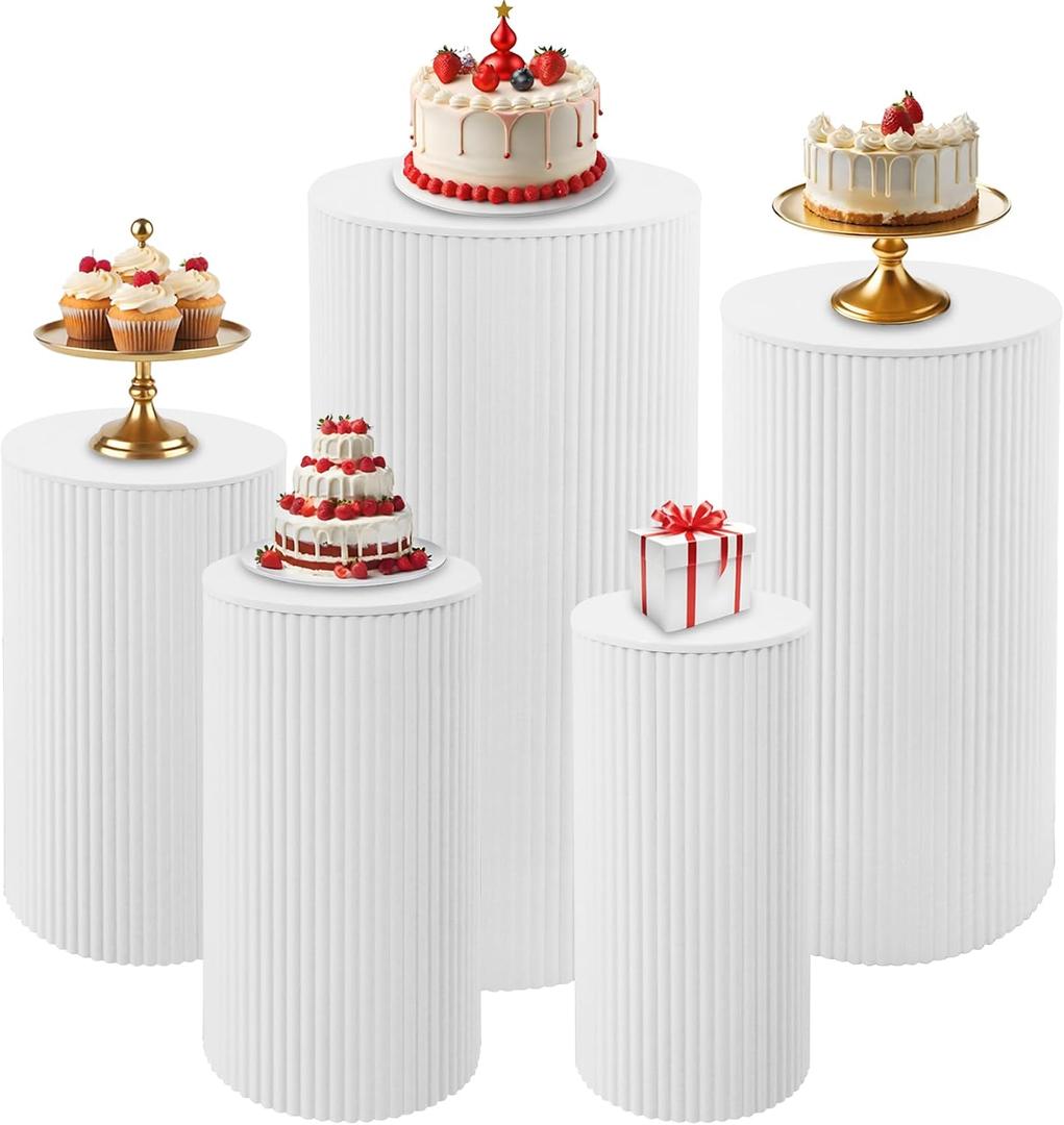 Fivenl 5 Pcs Metal Pleated Cylinder Pedestal Stands for Party, Heavy Duty White Round Cake, 1 piece 35.63” H x 15.75” D, 1 piece 29.72” H x 14.17” D, 1 piece 23.82” H x 12.6” D, 1 piece 21.85” H x 11.02” D, and 1 piece 19.88” H x 9.45” D