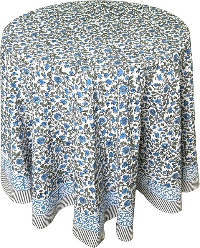 ATOSII Lake Como 100% Cotton Summer Round Tablecloth, Block Print Table Cloth for Dining, Weddings, Outdoors, Parties I Grand Millenial Farmhouse Coastal Boho Home Decor I 72" Inches 4 Seater
