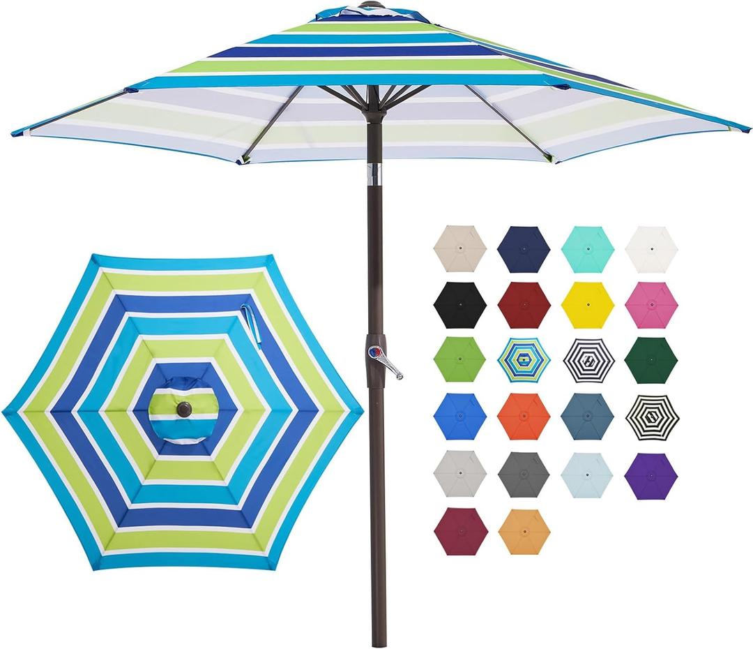 JEAREY 7.5FT Patio Umbrella Market Table Umbrella with 6 Sturdy Ribs, Push Button Tilt/Crank Outdoor Umbrella for Garden, Deck, Backyard, Pool and Beach,Bold Blue-Green Stripe