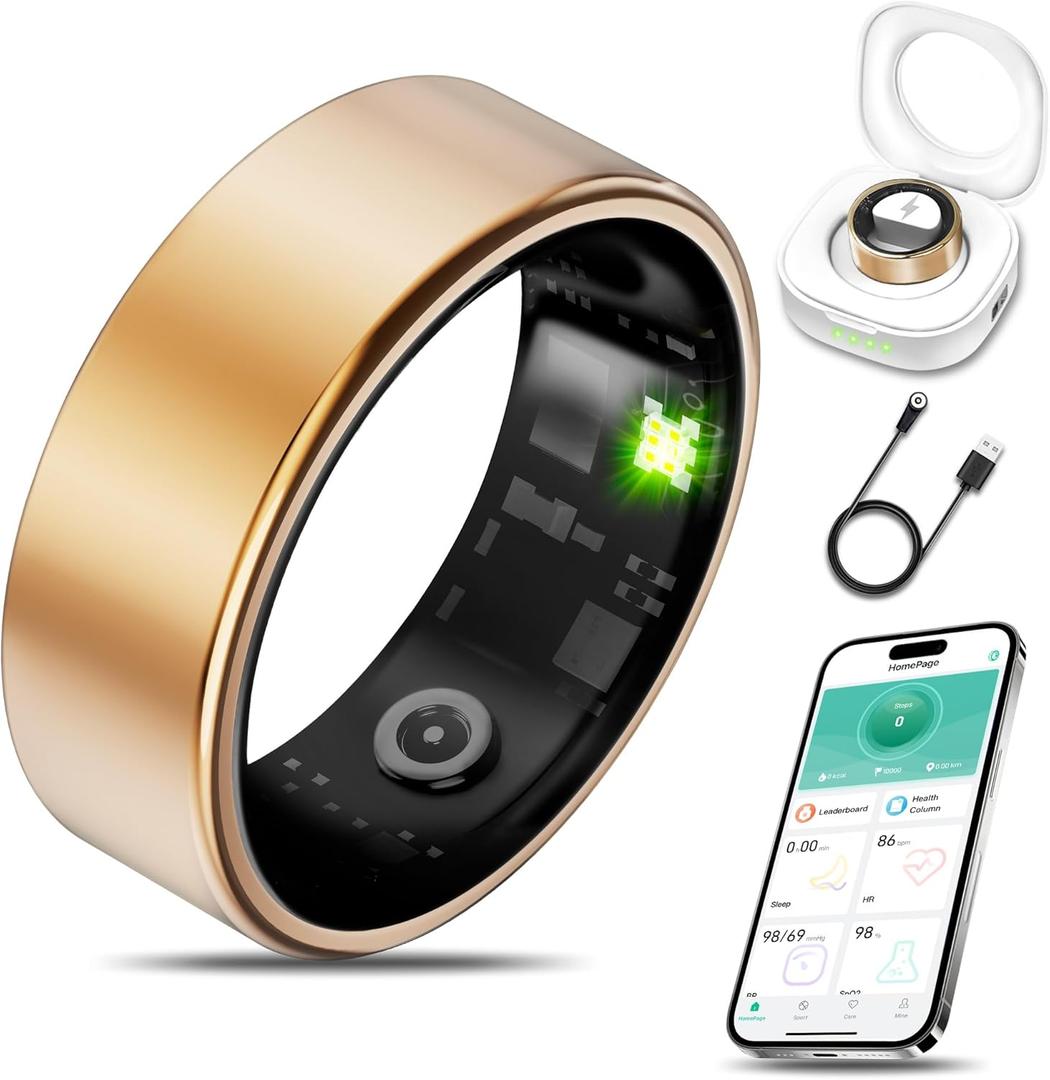 Smart Health Ring for Women Men Fitness Tracker with Heart Rate, Blood Oxygen, Blood Pressure, Sleep Monitoring, Step Counting, IP68 Waterproof for iOS and Android, No APP Fee, Gold 8