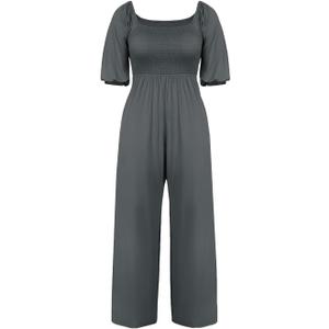 Tongmingyun Women's Casual Smocked Jumpsuits Loose Elastic Waist Wide Leg Flowy Long Pants Rompers (Gray, L)