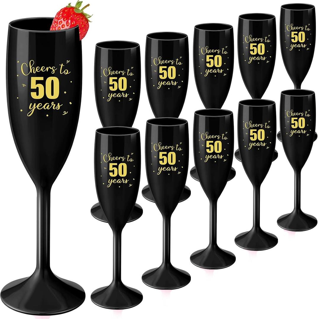LemonRoad 12 Pcs Cheers to 50 Years Champagne Flutes Reusable 50th Birthday Party Cups Plastic Champagne Glass Cocktail Cups for 50th Birthday Anniversary Party Supplies
