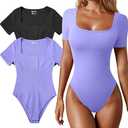 OQQ Women's 2 Piece Bodysuits Sexy Ribbed One Piece Square Neck Short Sleeve Bodysuits (Large)