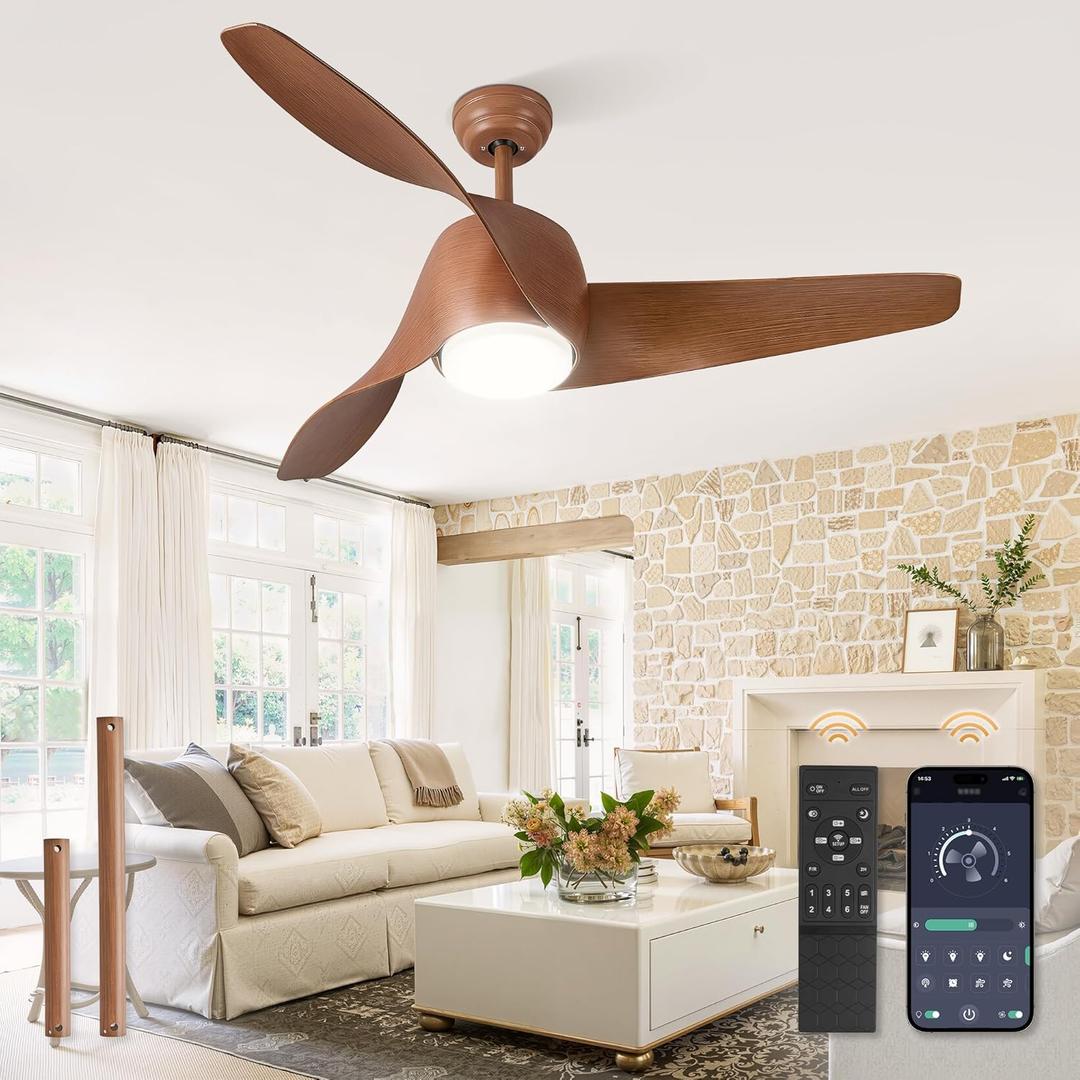 52 Inch Ceiling Fans with Lights and Remote, Indoor 24W LED Ceiling Fan with Lights & APP Control, 3000-6000K Dimmable, 6 Speed Reversible , 3 Blade Modern Ceiling Fan for Living Room Bedroom Patio