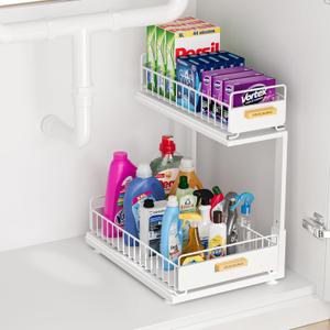 Under Sink Organizer, L-Shaped Pull Out Cabinet Organizer, 2-Tier Under Sink Slide Out Shelf - Metal Sliding Drawer for Kitchen, Bathroom, Pantry White